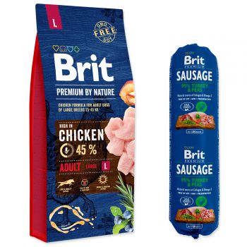 Brit Premium by Nature Adult L + Brit Sausage Turkey & Peas 800 g ZDARMA - 15kg