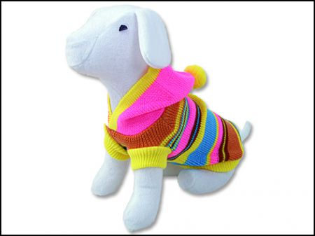 Svetr DOG FANTASY s růžovou kapucí a proužky XL